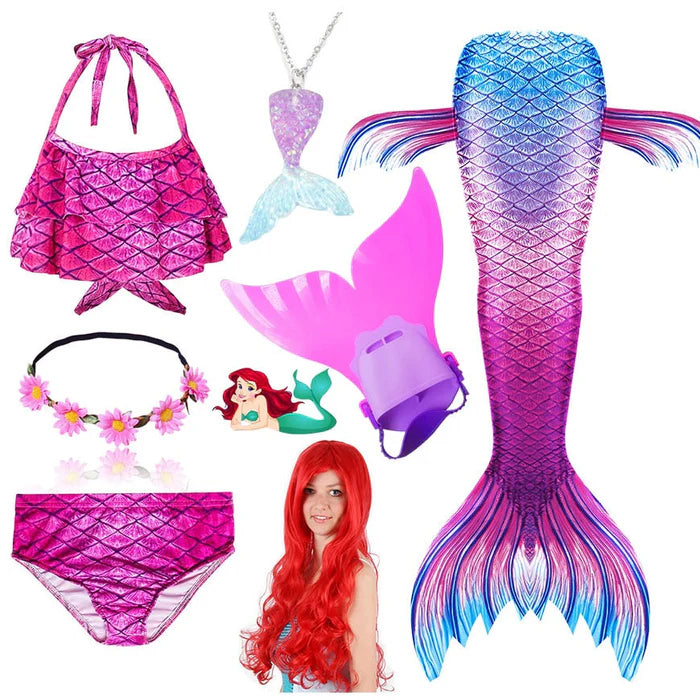 Fantasia Infantil Ariel de A pequena Sereia com Nadadeira e Cabelo