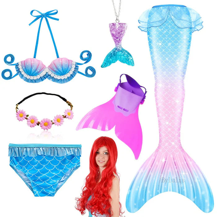 Fantasia Infantil Ariel de A pequena Sereia com Nadadeira e Cabelo
