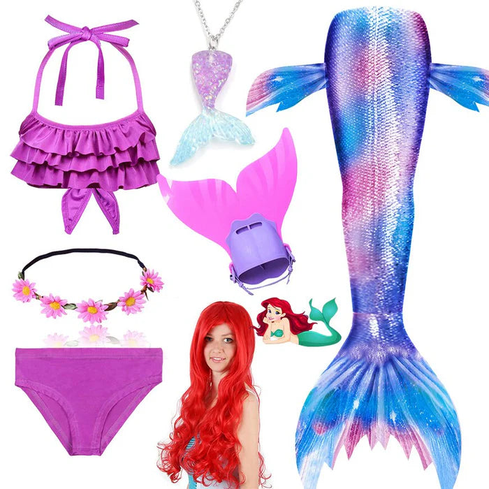 Fantasia Infantil Ariel de A pequena Sereia com Nadadeira e Cabelo